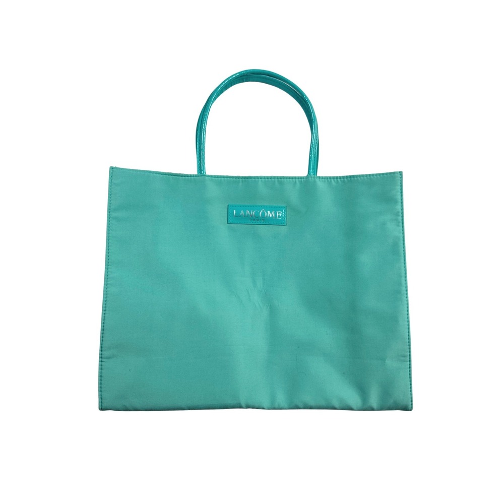 Lancome Paris Teal Turquoise Tote Bag Polka Dot Lining Patent Handles